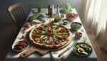 Vegan Mediterranean Pizza with sun-dried tomatoes, artichokes, zucchini, arugula, and pesto on a light-filled table