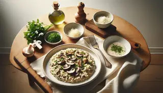 Elegant vegan mushroom risotto on a white plate, with a side of chopped parsley and vegan parmesan, on a light wooden table under soft lighting.