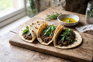 Tuscan Garden Infused Tacos Three hand-pressed piadina tacos filled with lentil ragu and topped with white cashew cream and green herbs on a rustic wooden table.
