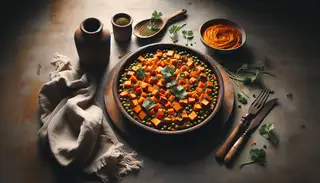 Vegan Shepherd's Pie in a ceramic dish, with sweet potatoes, peas, kale, lentils, and tomato paste. Served on a wooden table with minimal decor.