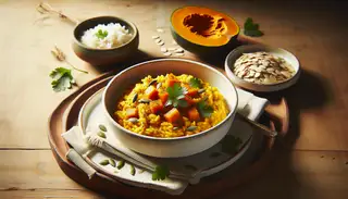 Hearty Spiced Pumpkin and Coconut Risotto in a white bowl with green coriander, on a wooden table, beside a plate of toasted pumpkin seeds.