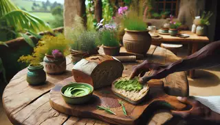 Imagine yourself sitting at a beautifully set outdoor table, surrounded by vibrant greenery. A rustic wooden board is placed before you, holding a golden brown loaf of freshly baked bread known as 'Grassy Bread'. The scent of fresh grass fills the air as you tear open the crusty bread with an enticing crackle. Beside this, there's a vibrant green plant-based spread in a small dish, its creaminess balancing the earthy tones of the bread. As you bite into the soft, slightly chewy slice of bread, flavors of grass, flaxseed, and a hint of maple syrup blend harmoniously. The bread itself is light, airy, and has a slight tang from fermentation. As you savor each bite, you experience the natural simplicity and extraordinary blend of vegan ingredients which capture the culinary traditions of Africa. This experience connects you deeper to the land, the richness of African vegan cuisine, and the heart of a unique tradition.