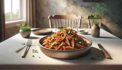Elegant vegan confit jackfruit dish in a ceramic bowl on a neutral-colored table, highlighted by fresh herb garnishes and soft, warm lighting.