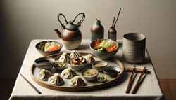 Image of a minimalist lunch table with freshly steamed Vegan Szechuan Dumplings, translucent skins revealing vibrant fillings, alongside a small bowl of soy-based dipping sauce.