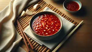 A vibrant, glossy Asian-inspired vegan spicy sauce in a bowl, with visible garlic and ginger bits, chopsticks, and a folded napkin on a wooden table.