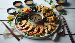 Realistic vegan seafood platter featuring golden-brown shrimp and fish fillets with a glistening marinade, surrounded by chunky kimchi and garnished with cilantro and sesame seeds.