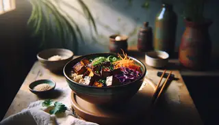 Image of a Spicy Asian BBQ Tofu Bowl on a wooden table, featuring charred tofu on brown rice with colorful vegetables, sesame seeds, and cilantro in natural light.