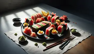 Elegant vegan sushi platter on a minimalist table, featuring watermelon, avocado, and tempura sweet potato, with wasabi, soy sauce, and pickled ginger.