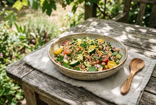 A rustic ceramic bowl filled with Tuscan farro salad, garnished with green zucchini, fresh mint, and bright yellow lemon zest on a wooden table.