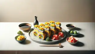 Fresh Mango Avocado Sushi Rolls on a chic plate, with soy sauce, pickled ginger, and wasabi on a simple table, emphasizing vibrant colors.
