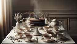 Elegant high tea setting with a vegan Earl Grey chocolate cake on a vintage stand, surrounded by fine china and subtle floral accents.