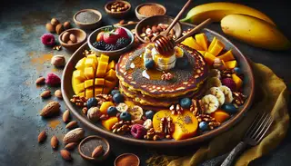 Visualize an inviting African-Inspired Vegan Breakfast. The centerpiece of the breakfast table is a golden brown sorghum pancake, slightly crispy on the outside and fluffy inside. A ripe banana has been mashed and spread on top, and chia seeds are sprinkled over, adding a pop of color and texture. Maple syrup is drizzling over the entire dish, with a sprinkle of cinnamon lending aromatic accents. The dish is trimmed with an assortment of fresh, juicy fruits such as mangoes, berries, and tropical fruits, along with crunchy walnuts, almonds, and pistachios. The entire setting infused with the rich colors, aromas, and tantalizing ingredients bring to life the unique flavors and the traditional, innovative culinary culture of Africa.