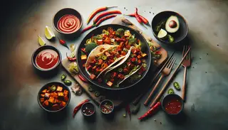 Vibrant vegetarian lunch setup: Spicy BBQ Jackfruit Tacos centerpiece on a minimalist table, exuding fiery vegan feast vibes.