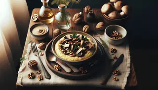 Rustic vegan Wild Mushroom and Walnut Polenta served in an elegant bowl, on a woodsy-themed brunch table with minimal decor and a cozy ambiance.