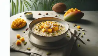 Vegan Mango Coconut Rice Pudding in a bowl, topped with mango chunks and coconut flakes, set on a minimalistic table with a natural background.