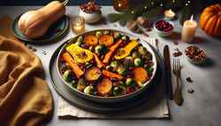 Vegan holiday feast with roasted butternut squash, Brussels sprouts, and carrots, highlighted by a warm, inviting lighting on a minimalist table.