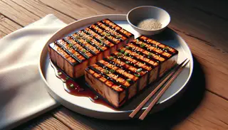 Image of Vegan Asian BBQ Tofu Steaks on a white plate, with grill marks and a shiny glaze, sprinkled with sesame seeds and green onions, on a wooden table under soft lighting.