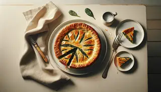 Freshly baked, steaming vegan spinach and mushroom pie on a wooden table, with a cut piece on a plate, a fork, and a napkin.