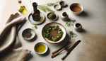 A serene table setting showcasing a stylish bowl of Umami Marinade, adorned with fresh herbs, evoking a savory vegan essence.