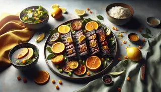 Vibrant image of citrus-infused smoky vegan ribs on a minimalist table, garnished with orange and lemon wedges, accompanied by jasmine rice and a fresh green salad.