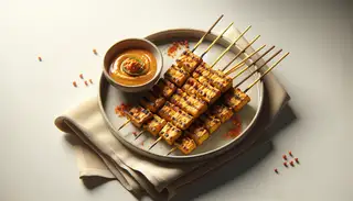 Image of tempeh satay skewers with charred edges on a decorative plate, served with spicy peanut sauce, on a clean, minimalistic table setting.