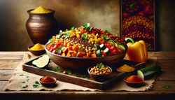 Vegan African buffet platter with sorghum, vegetables, chickpeas, and spices, garnished with coriander on a wooden table.