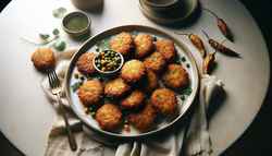 A visually appealing plate of Vegan Kenyan Githeri Fritters, golden-brown and crispy, set on a clean table with fresh herbs for a warm, inviting feel.