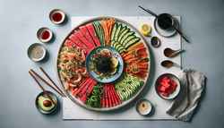 Vegan seafood-style platter with dehydrated watermelon, marinated jackfruit, and carrot strips, topped with seaweed salad and sesame seeds, served with soy sauce and lemon.