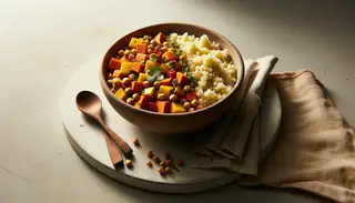 Image of 'Buttery Delight', a vegan African dish with millet, sweet potatoes, chickpeas, red bell pepper, vegan butter, and cilantro on a minimalist wooden table.