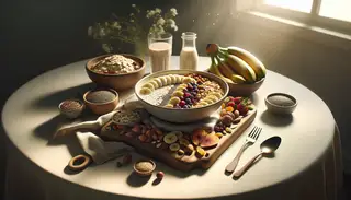 A nourishing vegan breakfast of rolled oats, bananas, chia seeds, nuts, and dried fruits awaits on a serene, minimalist table.