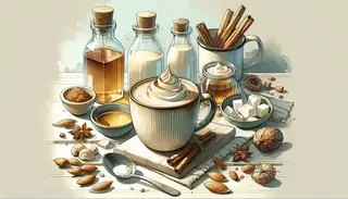 A serene table scene with a brimming mug of spiced almond milk topped with coconut cream and a cinnamon stick, exuding warmth and comfort.