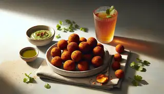Image of vegan spiced sweet potato balls on a white plate, with cilantro or spicy red sauce, beside a glass of herbal tea or juice, on a light wooden table.
