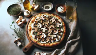 An elegant table setting featuring a Vegan Mushroom and Truffle Oil Pizza with cashew mozzarella, mushrooms, truffle oil, and thyme, evoking rustic Italian charm.