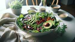 Image of a vegan umami salad in a simple bowl with arugula, spinach, kale, cremini mushrooms, edamame, red onion, sun-dried tomatoes, avocado, and sesame seeds, in natural light.