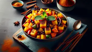 A vibrant African dessert of grilled mangoes and pineapples dusted with brown sugar, chili powder, cinnamon, and cloves, garnished with fresh mint leaves.