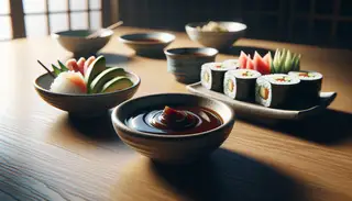 A hyperrealistic image of a glossy, Asian-inspired vegan sauce in a refined ceramic bowl, beside colorful vegan sushi rolls on a polished wooden table, under soft natural light.