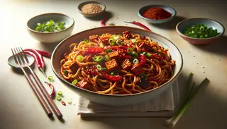 A medium-sized bowl of Vegan Spicy Szechuan Noodles with tempeh and bell peppers, garnished with green onions, sesame seeds, and cilantro on a minimalist table.