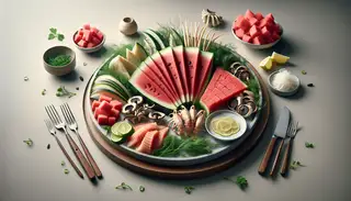 Gourmet vegan seafood platter with watermelon 'tuna,' jackfruit 'crab,' and mushroom 'scallops,' garnished with dill and lemon on a minimalist table.