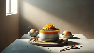 A minimalist table setting featuring a fusion dessert of mango, coconut milk, chia seeds, maple syrup, matcha, and pistachios.