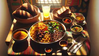 Generate an image that illustrates a lunch table setting bathed in sunlight coming in from a near window. In the center, there's a vibrant, tantalizing African vegan meal, intricately seasoned with spices such as cumin, paprika, turmeric, and coriander. This dish combines cooked sorghum and black-eyed peas, and is subtly garnished with bright green cilantro. Additional small bowls surround the main plate, offering more servings of the sorghum and peas. A side of freshly baked bread is present, as well as a glass of cool, refreshing lemonade. The ambience is inviting, with lively colors and textures, reflecting the richness of African vegan culinary culture.