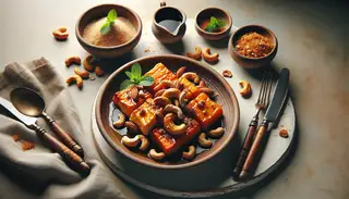 Minimalist table setting with natural light, showcasing a rustic plate with 'Candied Vegan Food Truck Special', featuring caramelized sweet potatoes and puffed pastry.