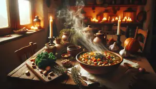 Visualize a rustic Italian kitchen setting with a beautifully laid dining table. The centerpiece is a piping hot bowl of vegan soup rich with a vibrant mixture of diced vegetables, cannellini beans, and kale. Warm candlelight adds a cozy atmosphere, reflecting off wooden accents in the room. The tantalizing aroma of garlic and thyme pervades the air, enhancing the appeal of the nourishing meal. Steam billows from the soup, showcasing the colorful medley of its ingredients. The overall ambiance exudes a profound sense of comfort, encouraging you to sit, cradle the warm bowl in your hands, and indulge in the heartwarming flavors of this Italian masterpiece.