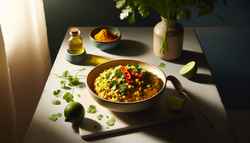 Spiced fusion vegan risotto in a sophisticated bowl, topped with cilantro and lime, on a minimalist table with natural lighting and subtle green decor.
