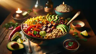 Depict a vibrant vegan dinner setting featuring a BBQ Tempeh Bowl. Show a dinner table holding a luscious bowl overflowing with grilled tempeh, fluffy quinoa, vibrant bell peppers, sliced red onions, sweet corn kernels, creamy avocado slices, and a sprinkle of fresh cilantro, all basking under the warm glow of a setting sun. An aroma of BBQ sauce permeates the air, with a fresh lime wedge poised for squeezing over the bowl. The viewer is virtually sat at the table, anticipation evident, ready to explore this culinary delight. The scene is meant to evoke the sensation of relishing each bite of this healthy and flavorful dish.