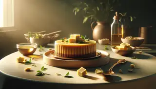 A close-up of a Vegan Butter Bliss dessert, a golden-hued masterpiece with a subtle texture, showcased as the centerpiece on a minimalist table.