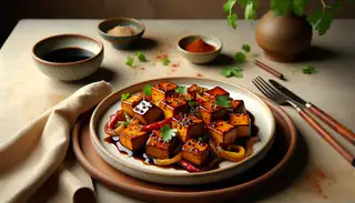 Glossy, caramelized tofu cubes in soy, maple, and balsamic glaze, dusted with spices, accompanied by charred bell peppers and cilantro, on a minimalist table.