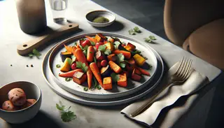 Elegant minimalist table setting with Spicy Roasted Vegetable Bites on a neutral plate, featuring caramelized sweet potatoes, carrots, and bell peppers, garnished with cilantro.