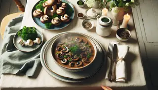 Table set with Vegan Mushroom Stroganoff centerpiece, evoking warmth and comfort in a serene dining ambiance