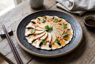 Mombasa Sun-Kissed King Oyster Sashimi Thinly sliced king oyster mushroom sashimi with tamarind glaze, chili, and coriander on a dark clay plate.