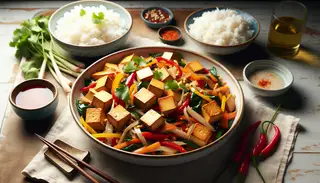 A clean and simple image of Vietnamese-inspired tofu lemongrass stir-fry in a stylish dish, with jasmine rice on the side, highlighted by natural lighting.